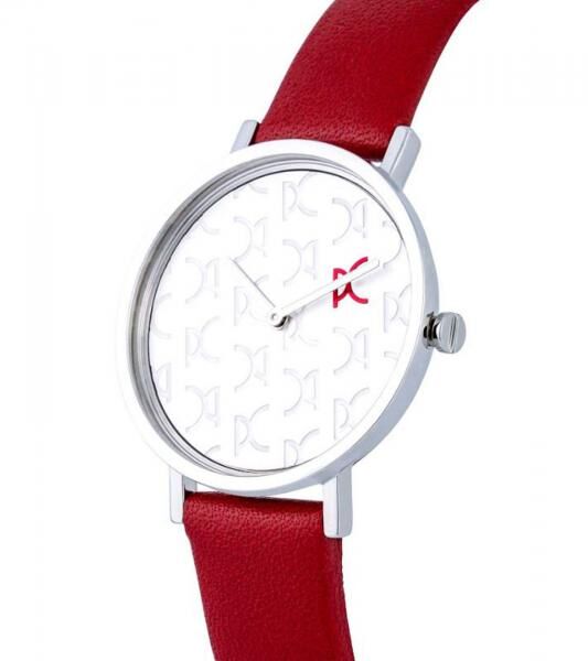 Pierre Cardin Damen Armband-Uhr mit Marken-K&uuml;rzel im Ziffernblatt analoge Quarz-Uhr mit Leder-Armband 3ATM 31mm CBV.1517 Rot/Silber