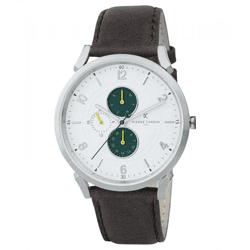 Pierre Cardin Herren Armband-Uhr mit Multi-Ziffernblatt analoge Quarz-Uhr mit Leder-Armband 3ATM 44mm CPI.2057 Silber/Braun/Grün