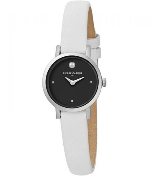 Pierre Cardin Damen Zweizeiger-Armband-Uhr Ziffernblatt mit silbernen Kreis-Details analoge Quarz-Uhr mit Leder-Armband 3ATM 27mm CCM.0505 