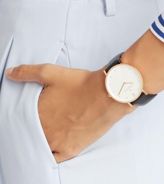 Pierre Cardin Damen schlichte Armband-Uhr analoge Quarz-Uhr mit Leder-Armband 3ATM 39mm CBV.1014 Schwarz/Wei&szlig;/Gold