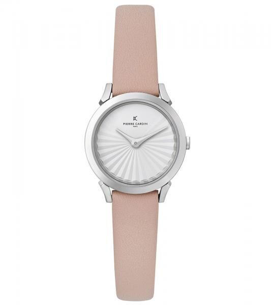 Pierre Cardin Damen Armband-Uhr Ziffernblatt analoge Quarz-Uhr mit Leder-Armband 3ATM 27mm CPI.2506 Rosa/Wei&szlig;/Silber