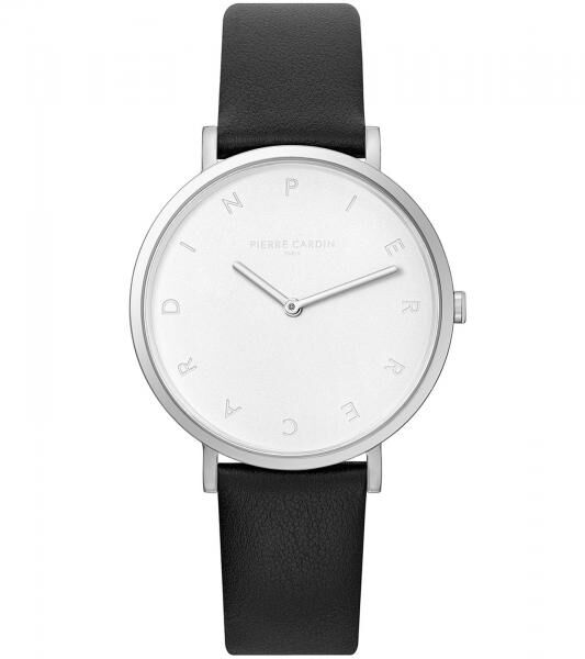 Pierre Cardin Damen Armband-Uhr mit Buchstaben der Marke als Ziffern analoge Quarz-Uhr mit Leder-Armband 3ATM 39mm CBV.1001 Schwarz/Silber/