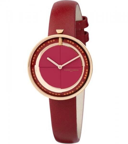 Pierre Cardin Damen Armband-Uhr modernes Ziffernblatt analoge Quarz-Uhr mit Leder-Armband 3ATM 32mm CMA.0007 Rot/Gold
