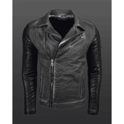 Lässige Herren Biker-Jacke Washed Design mit Kunstleder Ärmeln Slim Fit Übergangs-Jacke 8837 Schwarz