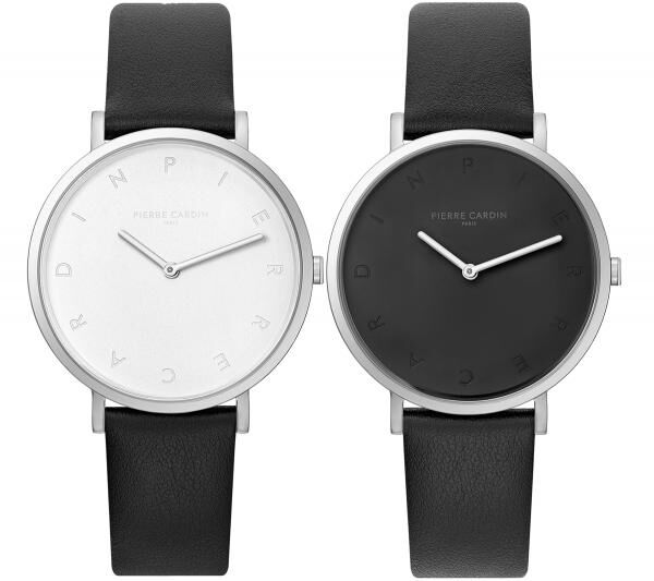Pierre Cardin Damen Armband-Uhr mit Buchstaben der Marke als Ziffern analoge Quarz-Uhr mit Leder-Armband 3ATM 39mm CBV.100 Schwarz/Silber m