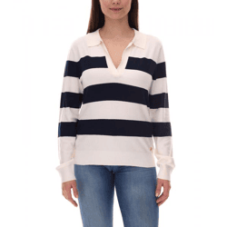 DELMAO Damen Sweatshirt gestreiftes Langarm-Shirt mit Polo-Kragen Longsleeve 40843715 Weiß/Navy