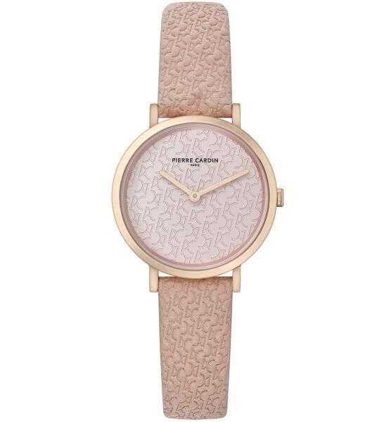 Pierre Cardin Damen Armband-Uhr mit Marken-K&uuml;rzel-Print analoge Quarz-Uhr mit Leder-Armband 3ATM 31mm CBV.1504 Rosa