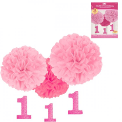Amscan Decorative Pom-Pom Hanging Ornament, Pink, 40.6 cm, Set of 3