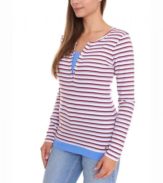 AjC Damen Langarm-Shirt mit Spitze figurbetontes Baumwoll-Shirt 12726709 Wei&szlig;/Blau/Rot