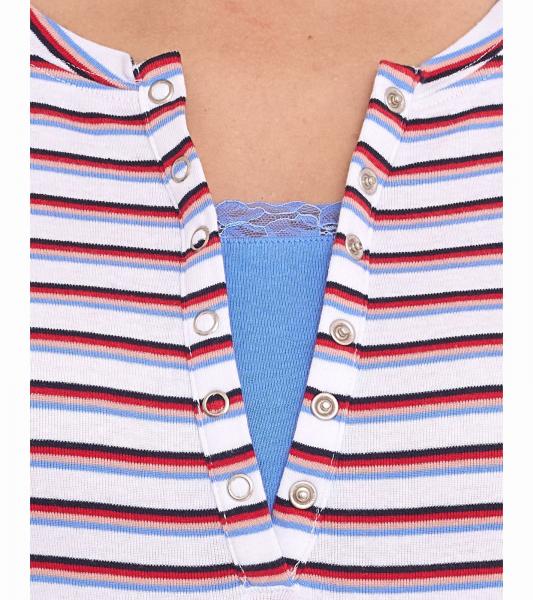 AjC Damen Langarm-Shirt mit Spitze figurbetontes Baumwoll-Shirt 12726709 Wei&szlig;/Blau/Rot