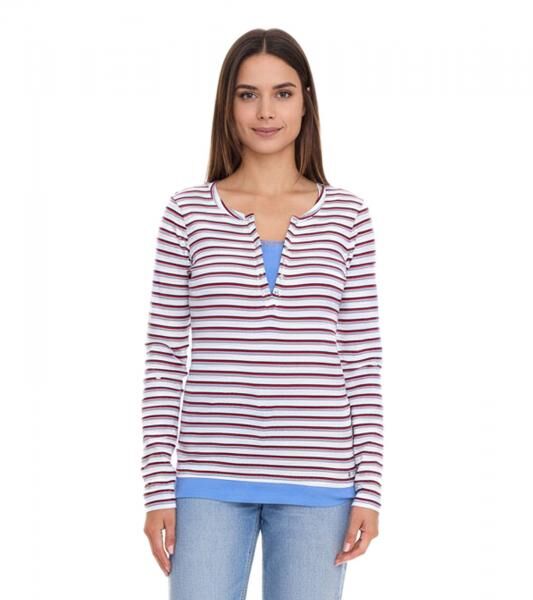 AjC Damen Langarm-Shirt mit Spitze figurbetontes Baumwoll-Shirt 12726709 Wei&szlig;/Blau/Rot