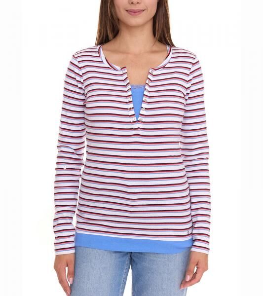 AjC Damen Langarm-Shirt mit Spitze figurbetontes Baumwoll-Shirt 12726709 Wei&szlig;/Blau/Rot
