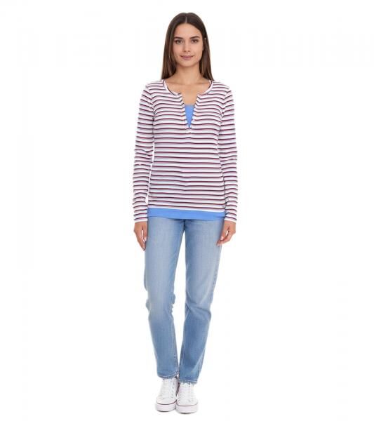 AjC Damen Langarm-Shirt mit Spitze figurbetontes Baumwoll-Shirt 12726709 Wei&szlig;/Blau/Rot