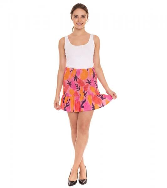AjC Damen Mini Rock gesmokter Sommerrock Strand-Rock 15382402 Orange/Pink/Rot/Lila