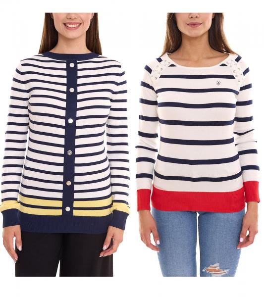 DELMAO Damen Langarm-Shirt gestreiftes Rundhals-Sweatshirt mit Schn&uuml;rung oder Kn&ouml;pfen Blau/Wei&szlig;/Rot oder Blau/Wei&szlig;