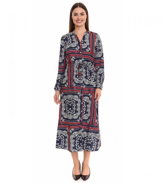 DELMAO Damen Midi-Kleid mit Allover-Print Langarm-Kleid Sommer-Kleid 58986315 Blau/Rot