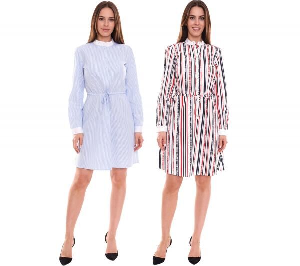 DELMAO Damen Baumwoll-Kleid Mini-Kleid gestreiftes Langarm-Kleid Blusen-Kleid Wei&szlig;/Blau oder Wei&szlig;/Blau/Rot