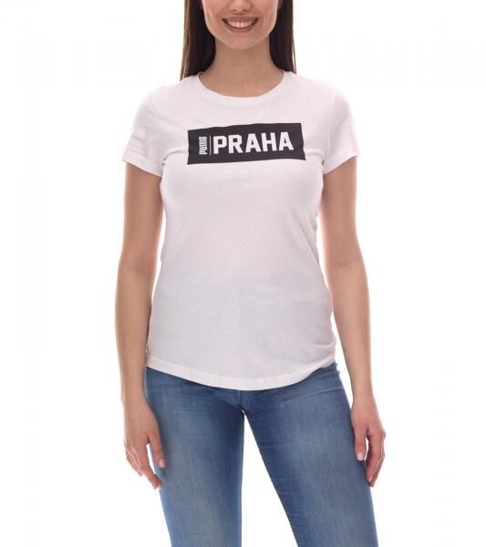 PUMA City Damen Baumwoll-Shirt mit Praha/Prag Schriftzug Kurzarm-Shirt Rundhals-Shirt 575957 20 Wei&szlig;/Schwarz