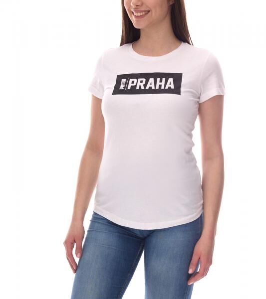 PUMA City Damen Baumwoll-Shirt mit Praha/Prag Schriftzug Kurzarm-Shirt Rundhals-Shirt 575957 20 Wei&szlig;/Schwarz
