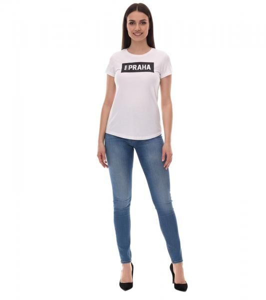 PUMA City Damen Baumwoll-Shirt mit Praha/Prag Schriftzug Kurzarm-Shirt Rundhals-Shirt 575957 20 Wei&szlig;/Schwarz
