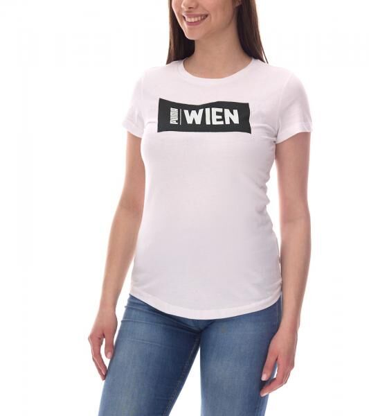 PUMA City Damen Baumwoll-Shirt mit Wien Schriftzug Kurzarm-Shirt Rundhals-Shirt 575957 24 Wei&szlig;/Schwarz