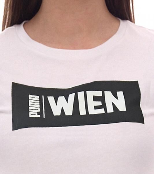 PUMA City Damen Baumwoll-Shirt mit Wien Schriftzug Kurzarm-Shirt Rundhals-Shirt 575957 24 Wei&szlig;/Schwarz