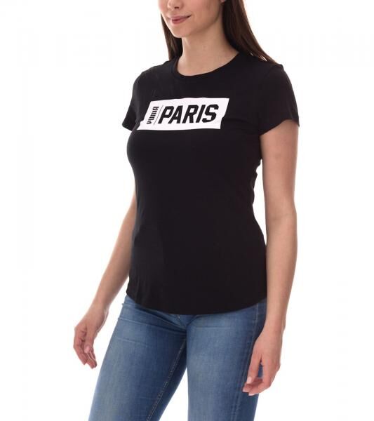 PUMA City Damen Baumwoll-Shirt mit Paris Schriftzug Kurzarm-Shirt Rundhals-Shirt 575957 01 Schwarz/Wei&szlig;