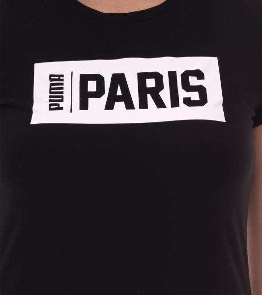 PUMA City Damen Baumwoll-Shirt mit Paris Schriftzug Kurzarm-Shirt Rundhals-Shirt 575957 01 Schwarz/Wei&szlig;