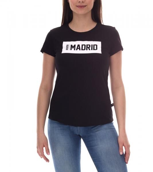 PUMA City Damen Baumwoll-Shirt mit Madrid Schriftzug Kurzarm-Shirt Rundhals-Shirt 575957 15 Schwarz/Wei&szlig;