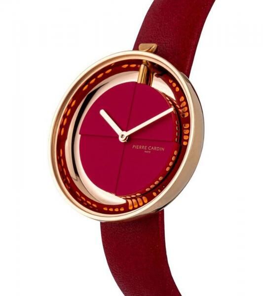Pierre Cardin Damen Armband-Uhr modernes Ziffernblatt analoge Quarz-Uhr mit Leder-Armband 3ATM 32mm CMA.0007 Rot/Gold