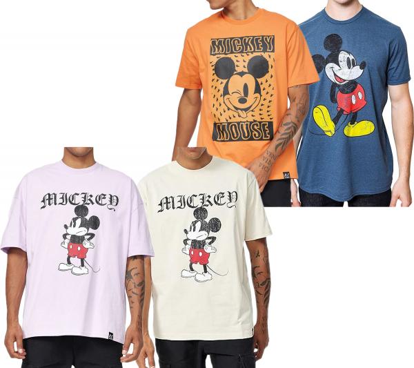 RE:COVERED X Disney Herren T-Shirt mit Grumpy Mickey Mouse Print Baumwoll-Shirt mit großem Schriftzug Rundhals-Shirt Beige, Blau, Violett 
