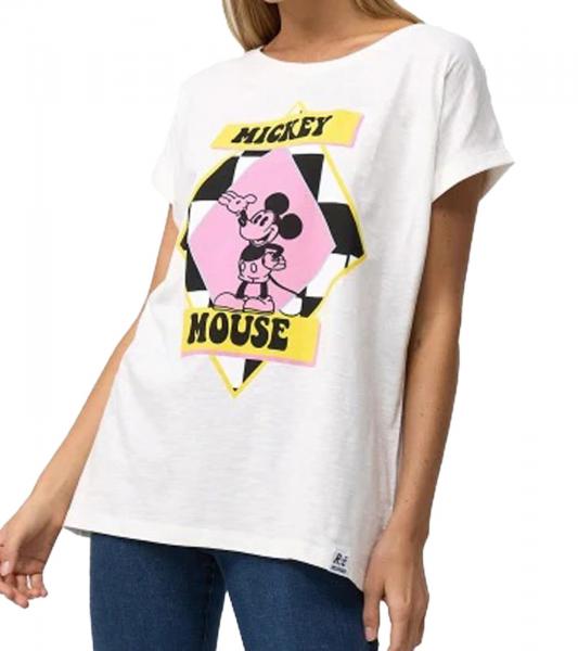 RE:COVERED X Disney Damen T-Shirt mit Mickey Mouse Aufdruck Shirt Baumwoll-Shirt Rundhals-Shirt MMDIS2676 Ecru-Wei&szlig;