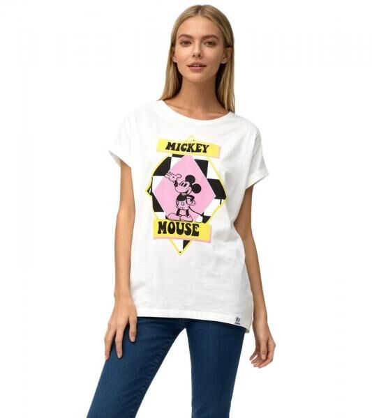 RE:COVERED X Disney Damen T-Shirt mit Mickey Mouse Aufdruck Shirt Baumwoll-Shirt Rundhals-Shirt MMDIS2676 Ecru-Wei&szlig;