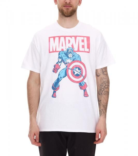 RE:COVERED X MARVEL Herren T-Shirt mit MARVEL & Captain America Figur Aufdruck Baumwoll-Shirt Kurzarm-Shirt IFMMMARV1104 Wei&szlig;