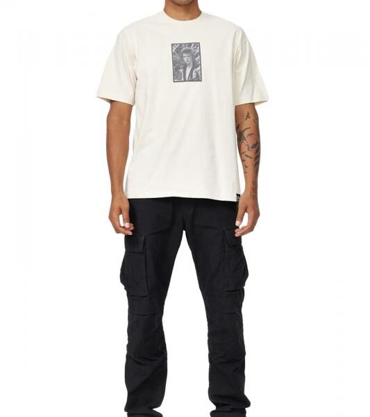 RE:COVERED X Bowie Herren T-Shirt mit "David Bowie King of Rock"-Print Baumwoll-Shirt Rundhals-Shirt MMPER769 Beige