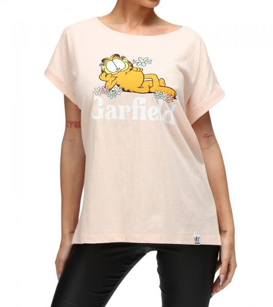 RE:COVERED X nickelodeon Damen T-Shirt mit Garfield Flower Power-Print Baumwoll-Shirt Rundhals-Shirt RCVCM596 Rosa