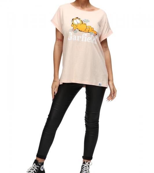 RE:COVERED X nickelodeon Damen T-Shirt mit Garfield Flower Power-Print Baumwoll-Shirt Rundhals-Shirt RCVCM596 Rosa