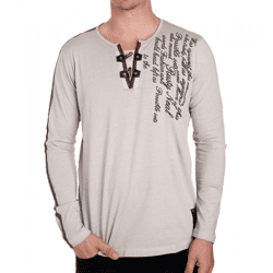Men's Long-Sleeve Shirt with Lettering, Summer Cotton Long-Sleeve Shirt with V-Neck, Casual Sweater R-10115 Beige