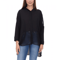 vestino Damen Boyfriend Hemd-Bluse mit transparenten Partien Sommer-Bluse 900509 Schwarz