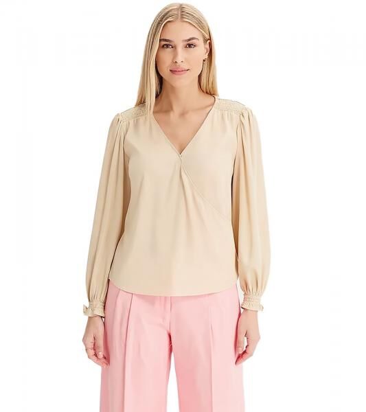 Damen Longsleeve mit V-Ausschnitt Satin-Tunika Alltags-Pullover 946373 Beige