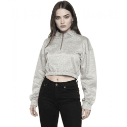 ZEGY Damen Crop-Pullover Half Zip Langarm-Shirt Baumwoll-Pulli Cropped 1073 Grau