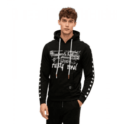 Trendiger Hoodie für Herren mit plakativem Frontprint Kapuzen-Pullover mit Kängurutasche Sweater 19138 Schwarz
