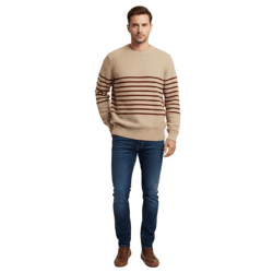 Stylischer ESPRIT Herren Strick-Pullover mit Streifen Rundhals-Sweater Baumwoll-Pullover Beige