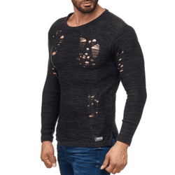 Moderner Herren Strick-Pullover im Destroyed Look Rundhals-Sweaterullover 13295 Schwarz