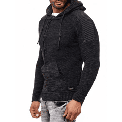 Moderner Herren Strick-Pullover Kapuzen-Sweater Grobstrick-Hoodie Strick-Jacke 13290 Anthrazit