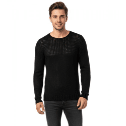 Einfarbiger Herren Rundhals-Pullover im löchrigem Grobstrick Sweater 6250 Schwarz