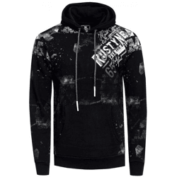 Stylischer Herren Kapuzen-Pullover mit All-Over Graphic-Print Hoodie mit Känguru-Tasche Sweater 19134 Schwarz