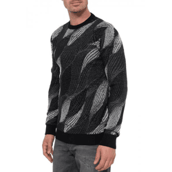 Trendy Men's Crew-Neck Sweater with a Wavy Design, Fine-Knit Sweater 13445 Black