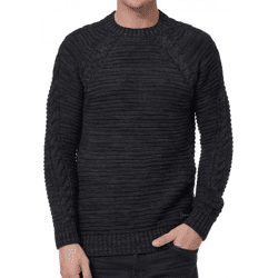 Moderner Herren Grobstrick-Pullover mit Zopfdetails und Rundhals Slim Fit Strick-Sweater 13386 Schwarz