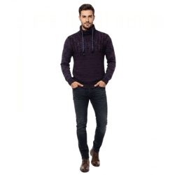 Modern Men's Knit Sweater with Turtleneck and Contrast Knit Texture - Sweater 13366 Navy 